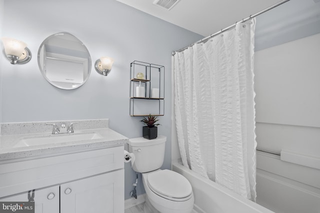 full bathroom with toilet, shower / tub combo with curtain, and vanity