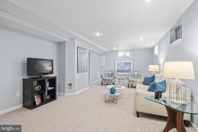 living room with light colored carpet