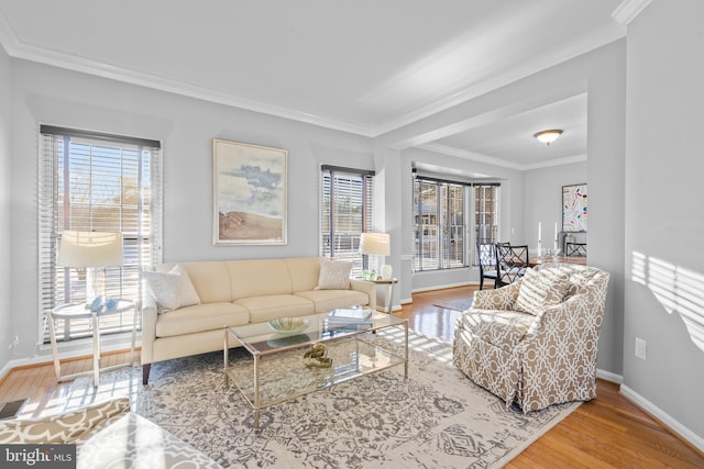 living room with ornamental molding and hardwood / wood-style flooring