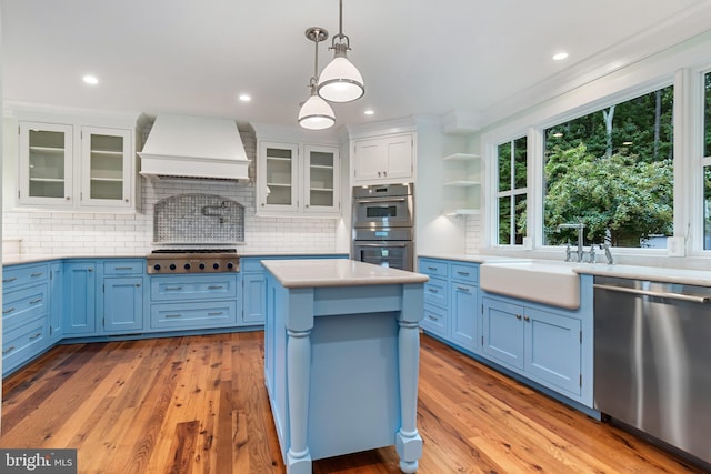 kitchen featuring premium range hood, stainless steel appliances, blue cabinetry, and a sink