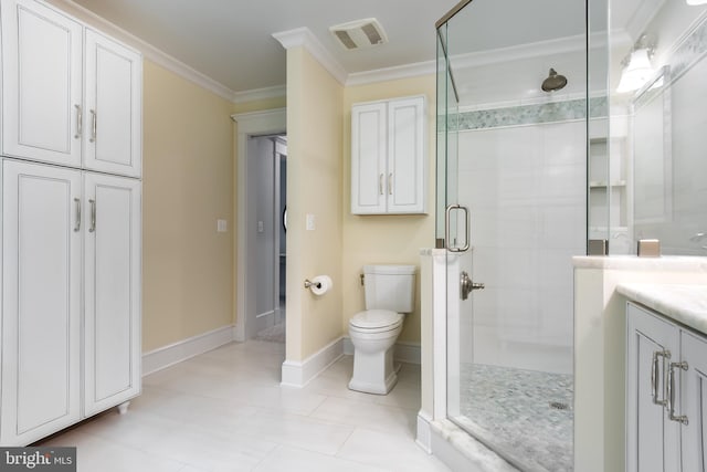 full bath with visible vents, toilet, ornamental molding, vanity, and a shower stall