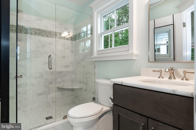 bathroom with toilet, a stall shower, and vanity