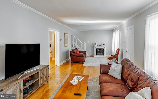 living room featuring a fireplace, light wood-type flooring, and crown molding