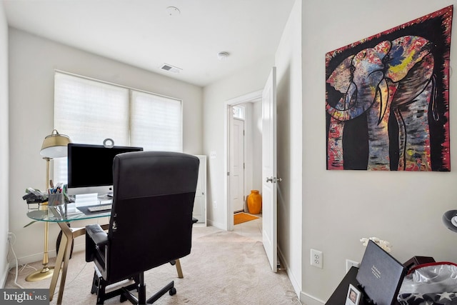 home office featuring light carpet