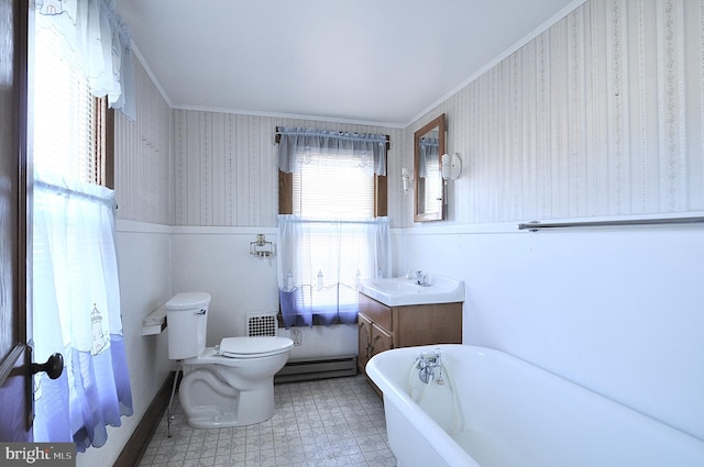 bathroom featuring a tub to relax in, ornamental molding, vanity, a baseboard heating unit, and toilet