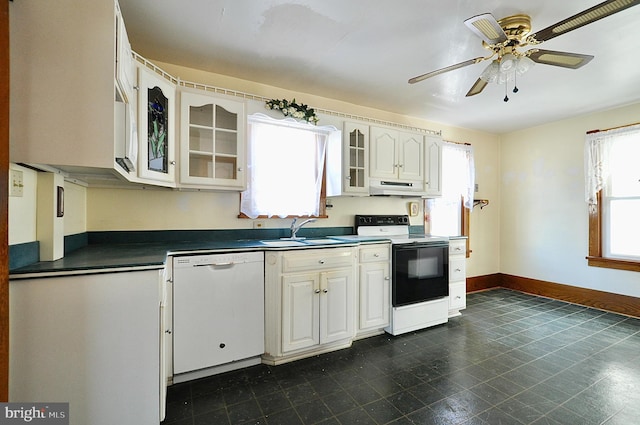 kitchen with white cabinets, ceiling fan, white appliances, and sink