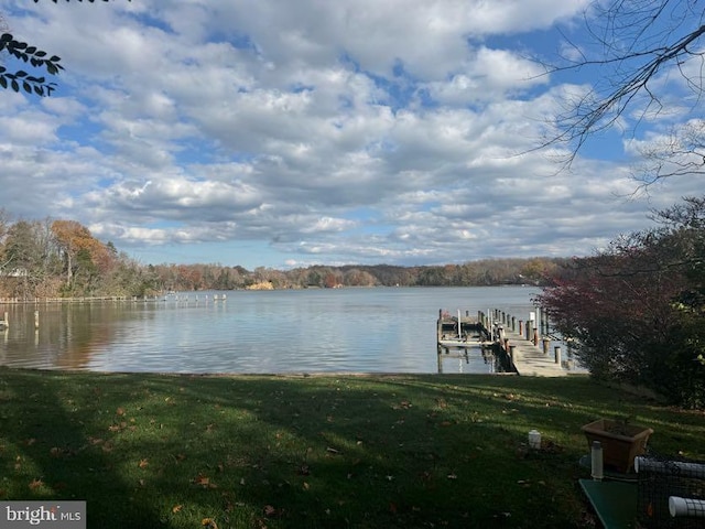 dock area featuring a yard and a water view