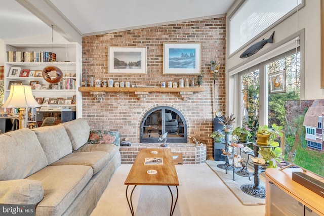 living room with carpet flooring, lofted ceiling, and brick wall