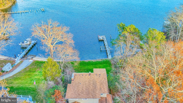 drone / aerial view featuring a water view