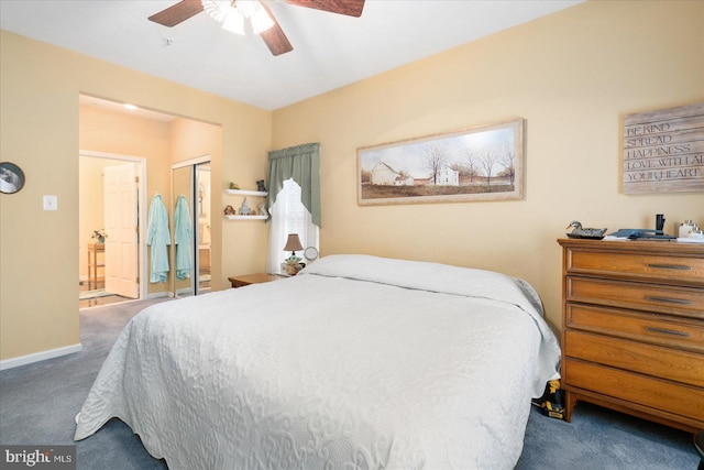 bedroom with ceiling fan, ensuite bathroom, a closet, and carpet