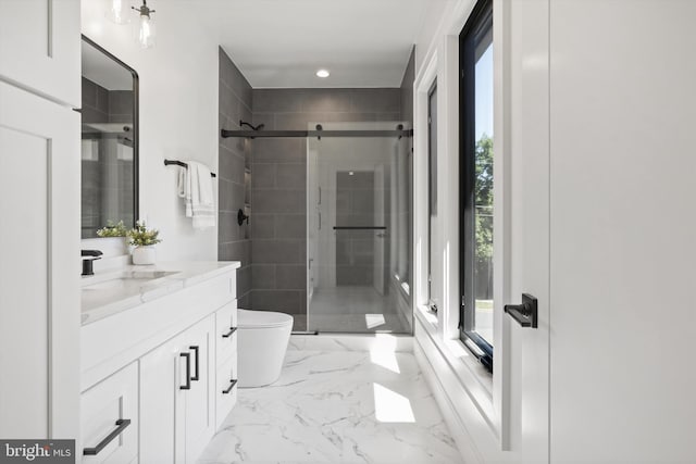 bathroom with vanity, toilet, and walk in shower