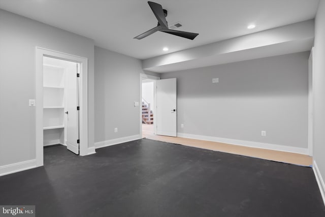 interior space with visible vents, recessed lighting, baseboards, and a ceiling fan