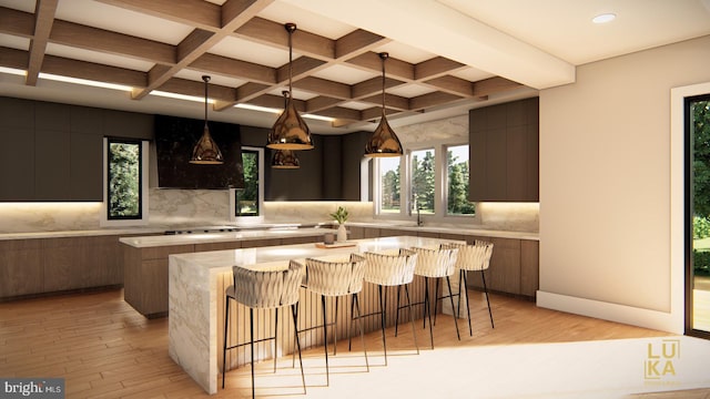 bar with beamed ceiling, plenty of natural light, decorative backsplash, and light hardwood / wood-style flooring