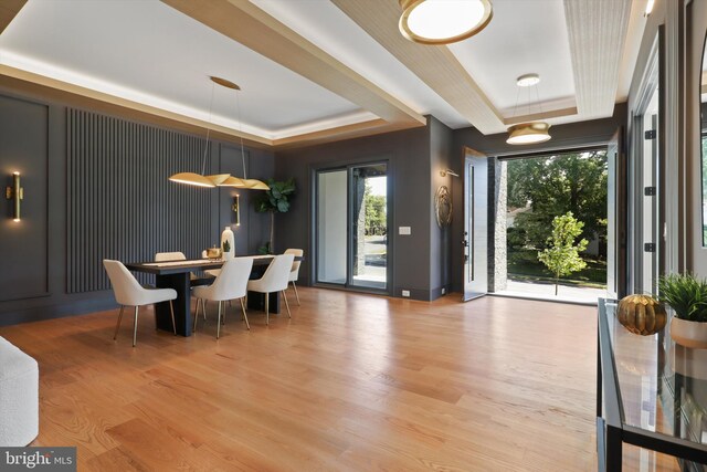 dining space featuring a raised ceiling and light hardwood / wood-style flooring