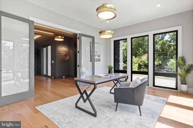 home office featuring recessed lighting and light wood-style flooring