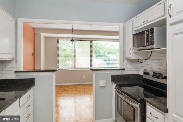 kitchen with stainless steel appliances, backsplash, light parquet floors, pendant lighting, and white cabinets