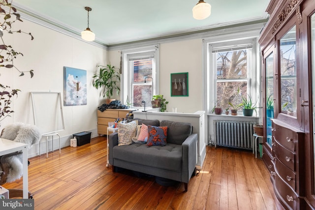 sitting room featuring hardwood / wood-style floors, radiator heating unit, and crown molding