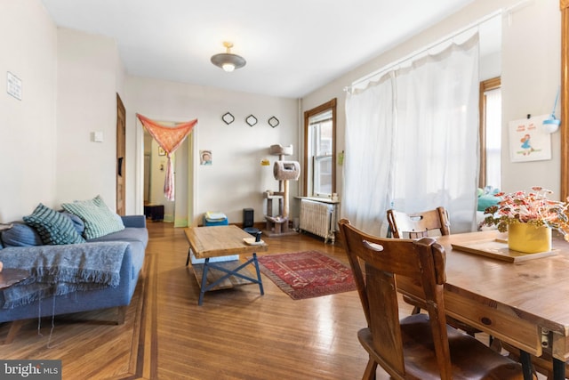 living room with radiator heating unit and wood finished floors