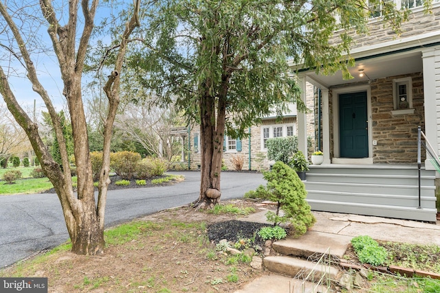 doorway to property with stone siding