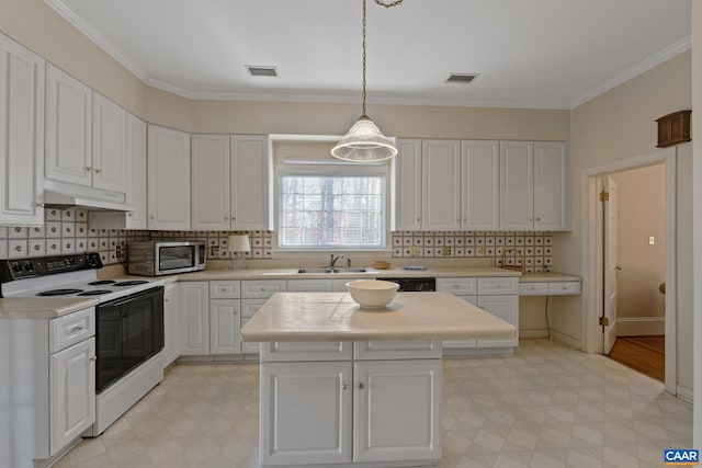 kitchen featuring white cabinetry, a center island, hanging light fixtures, white range with electric cooktop, and crown molding