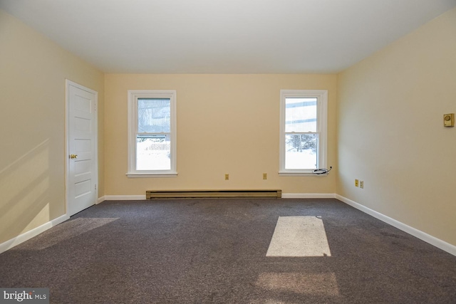 empty room featuring carpet and baseboard heating