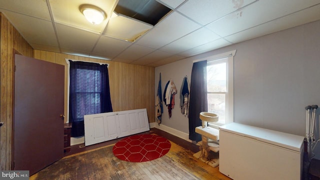 entrance foyer featuring dark hardwood / wood-style flooring, a paneled ceiling, and wood walls