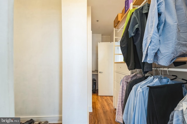 walk in closet with hardwood / wood-style floors