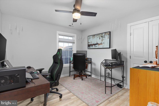 office area with ceiling fan and light hardwood / wood-style floors