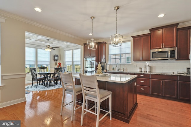 kitchen featuring decorative light fixtures, a healthy amount of sunlight, light wood-type flooring, and stainless steel appliances