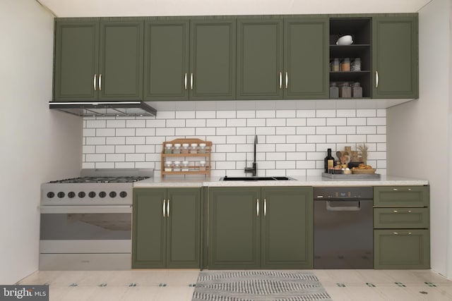 kitchen featuring green cabinetry, open shelves, a sink, exhaust hood, and white gas range