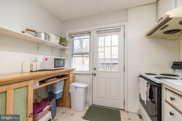 kitchen featuring white microwave, under cabinet range hood, light floors, electric stove, and open shelves