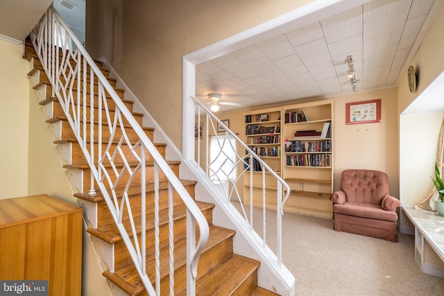 stairs with track lighting, a ceiling fan, and carpet floors