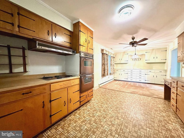 kitchen featuring appliances with stainless steel finishes, ceiling fan, and ornamental molding