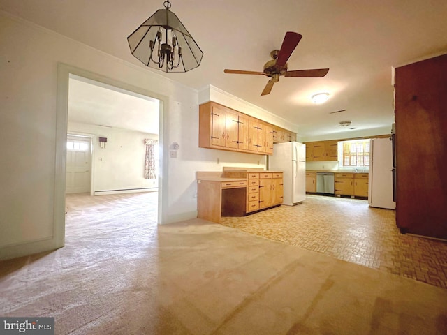 kitchen featuring baseboard heating, dishwasher, decorative light fixtures, and white refrigerator