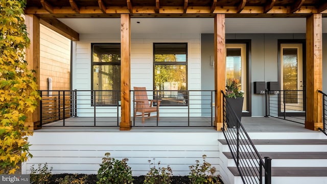 view of exterior entry with a porch