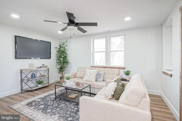 living room featuring ceiling fan and hardwood / wood-style flooring