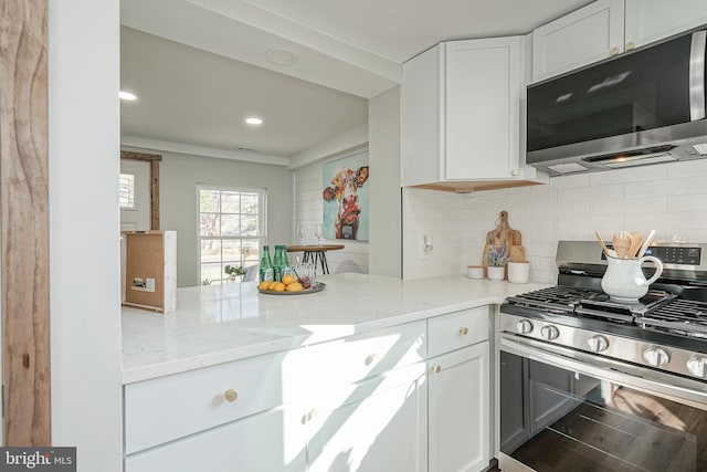 kitchen featuring white cabinetry, light stone counters, decorative backsplash, appliances with stainless steel finishes, and hardwood / wood-style flooring