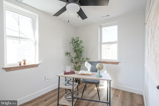 office area with ceiling fan and wood-type flooring