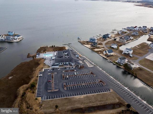 bird's eye view with a water view