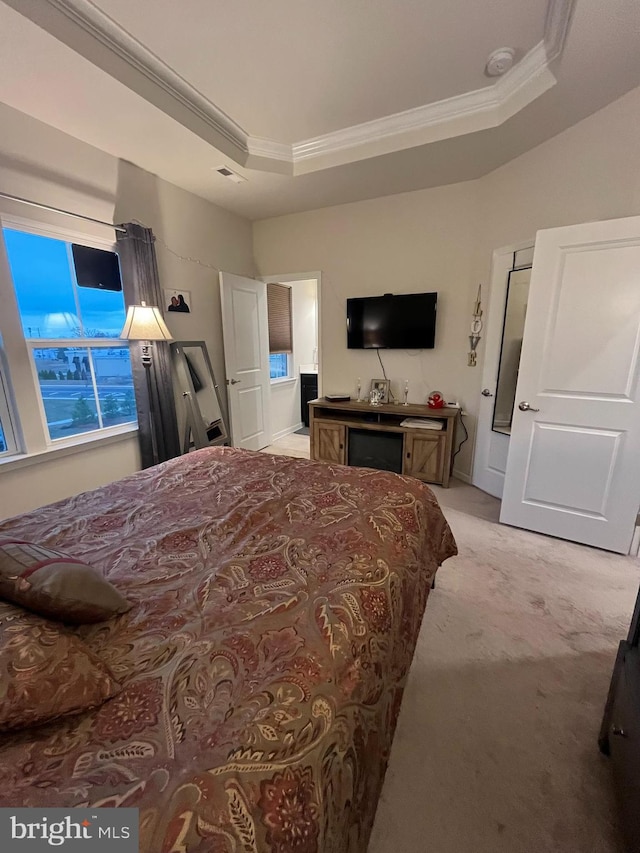 carpeted bedroom with a tray ceiling and ornamental molding