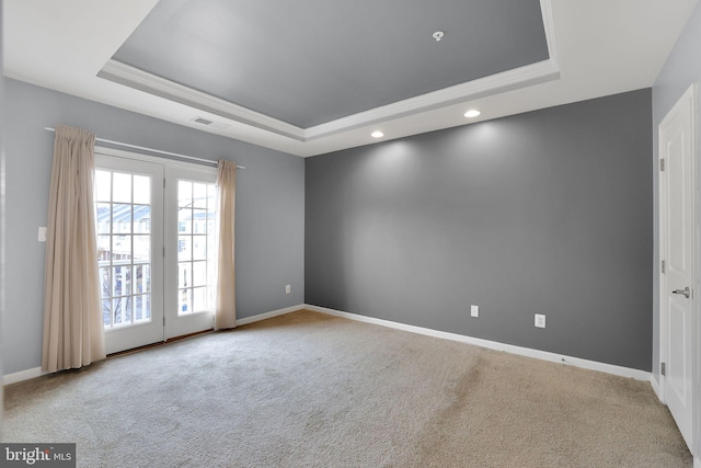 carpeted empty room featuring a raised ceiling