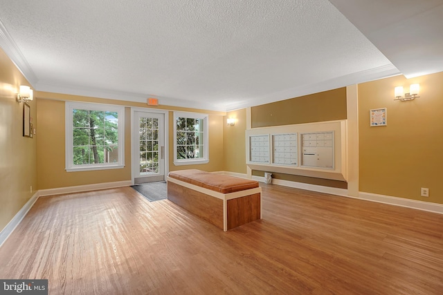 unfurnished bedroom featuring access to exterior, crown molding, light hardwood / wood-style floors, a textured ceiling, and a mail area