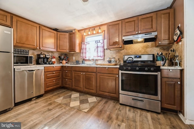 kitchen featuring backsplash, light hardwood / wood-style floors, sink, and stainless steel appliances