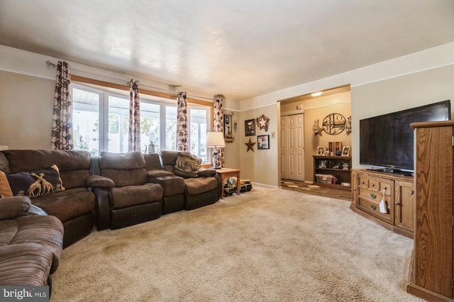 living room featuring light carpet