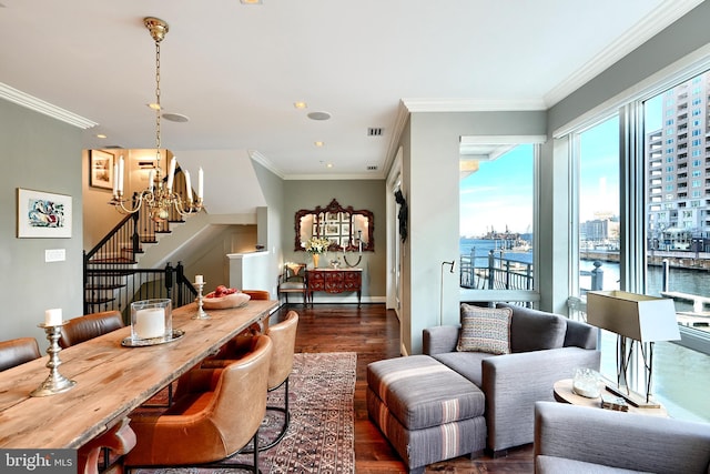 living room with crown molding and dark hardwood / wood-style floors