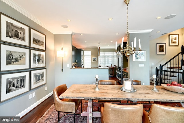 dining space featuring crown molding and dark wood-type flooring