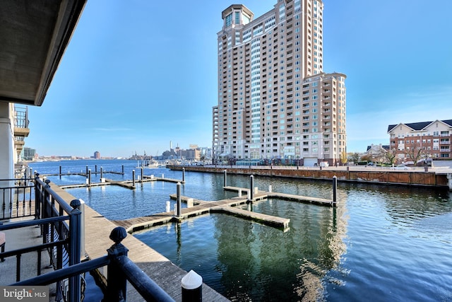 view of dock with a water view