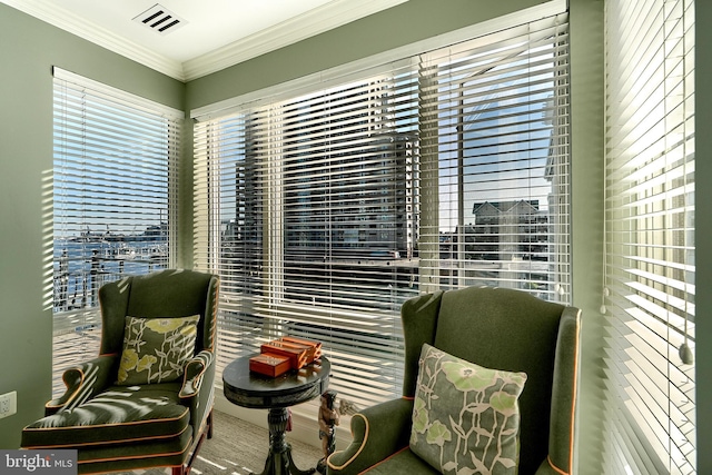 living area featuring ornamental molding