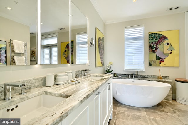 bathroom with vanity, a bath, and ornamental molding