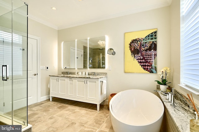 bathroom featuring crown molding, vanity, and independent shower and bath